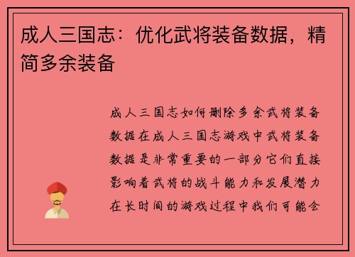 成人三国志：优化武将装备数据，精简多余装备