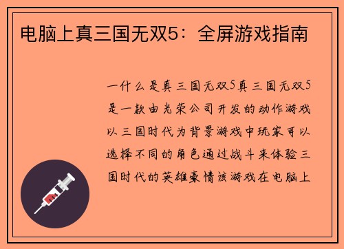 电脑上真三国无双5：全屏游戏指南